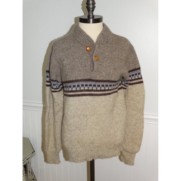 Vintage 80s Sweater Jumper Knit  Oatmeal Button Neck Leather Buttons Size Med - Picture 2 of 4